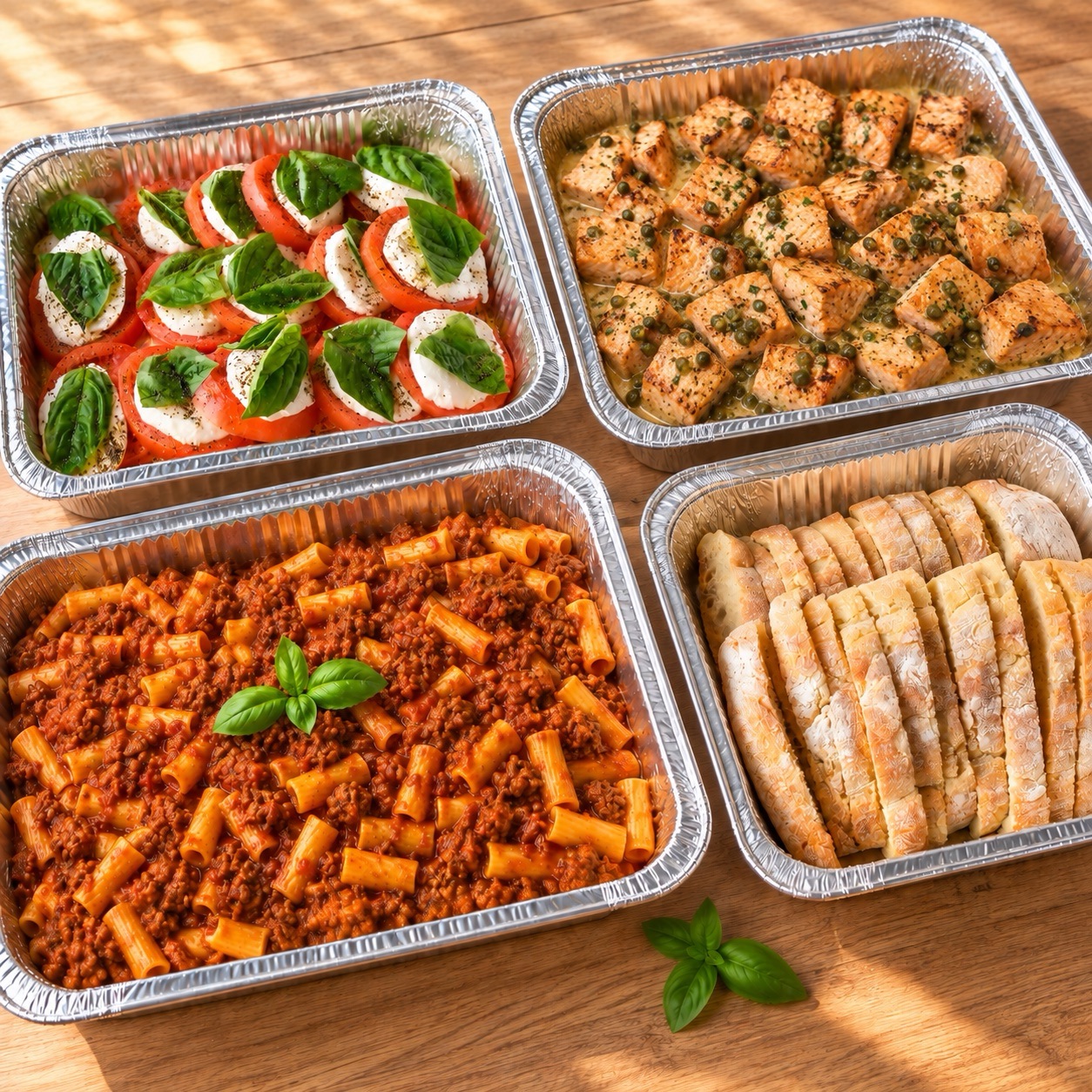 Shareable trays of caprese, salmon, pasta and bread