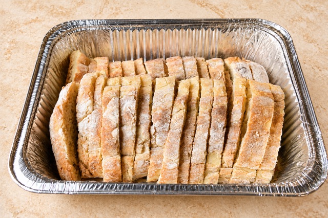 Ciabatta bread served in a party tray