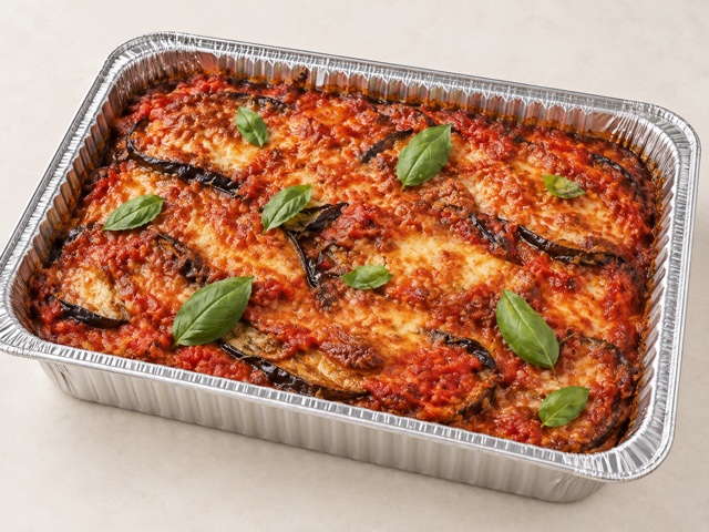 Eggplant Parmigiana with tomato sauce, melted cheese and basil in a half-size aluminum catering tray