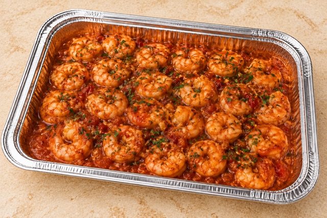 Gamberetti Fra-Diavola served in a party tray