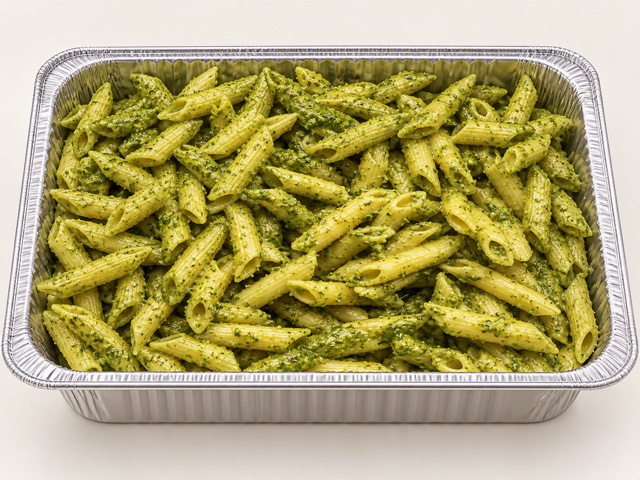 Penne with basil pesto in a half-size aluminum catering tray