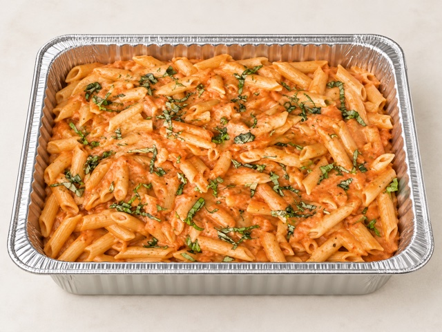 Penne with creamy tomato pink sauce in a half-size aluminum catering tray